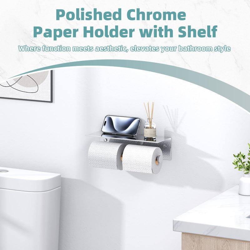 APLusee Double Toilet Paper Holder with Shelf Polished Chrome, APLusee SUS304 Stainless Steel Contemporary Bathroom Tissue Roll Holder Cell Phone Storage Rack - Image 5